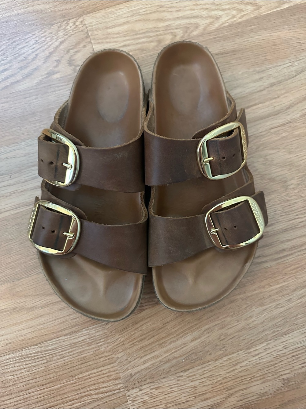 Birkenstock Brown Leather Double-Strap Sandals with Gold Buckles
